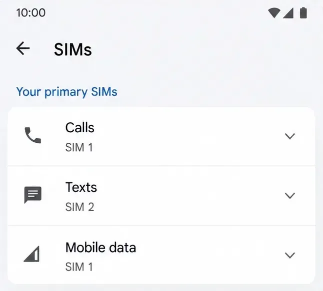 Setări pentru cartele SIM Android cu rânduri pentru Apeluri, Mesaje text și Date mobile, cu cartela SIM 1 atribuită pentru date.