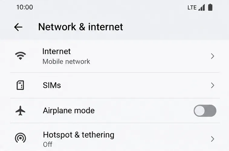 Setările de rețea și internet Android afișează modul Avion dezactivat.