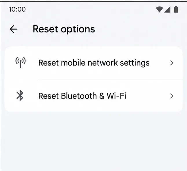 Pagina cu opțiuni de resetare Android, cu intrări separate pentru Resetarea setărilor rețelei mobile și Resetarea Bluetooth și Wi-Fi.