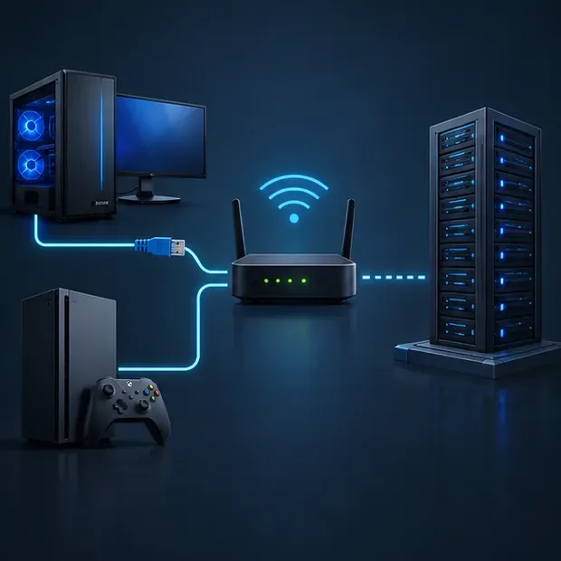 Een vereenvoudigd netwerkpad dat laat zien hoe een pc en console via een thuisrouter verbinding maken met een gameserver.