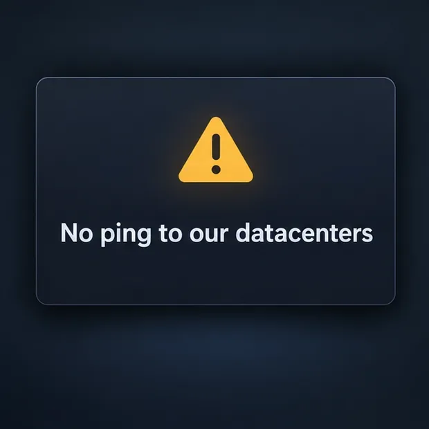 Een dialoogvenster met een conceptuele foutmelding, waarin exact de boodschap "Geen ping naar onze datacenters" wordt weergegeven.