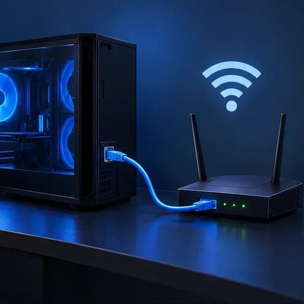 Een gaming-pc die rechtstreeks met een ethernetkabel is verbonden met een router thuis, met daarnaast een wifi-symbool.