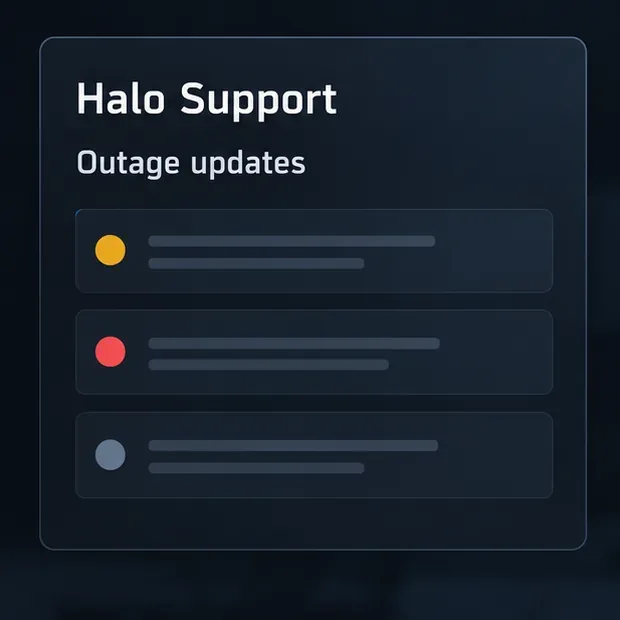 Een conceptuele pagina met updates over storingen bij Halo Support, met neutrale statusregels en zonder enige vermelding van de huidige beschikbaarheid van de service.