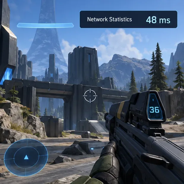 Een conceptuele multiplayer HUD met netwerkstatistieken die een voorbeeld van een latentie van 48 ms weergeven.