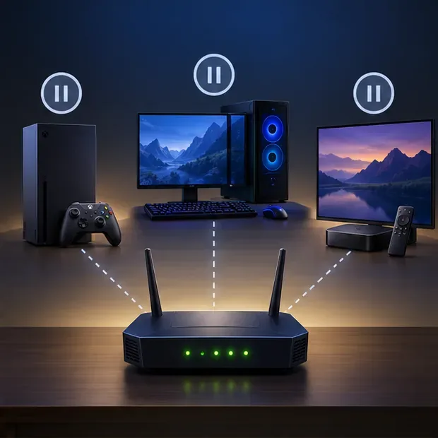 Een thuisrouter aangesloten op een console, een game-pc en een streamingscherm, met pauzesymbolen boven de apparaten.