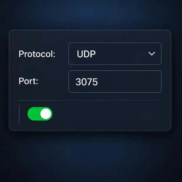 Een algemeen routerregelformulier met UDP geselecteerd en poort 3075 ingevoerd, zonder IP-adres van het apparaat.