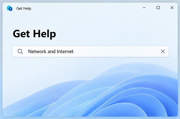 Illustrative Windows Get Help window with Network and Internet entered in the search field.