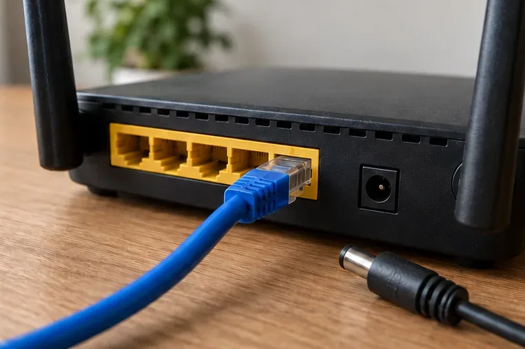 Home router with a blue Ethernet cable attached and its barrel power connector unplugged beside the power socket.