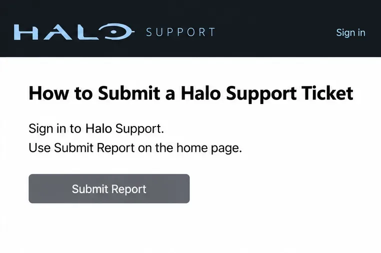 Illustrative Halo Support ticket guidance showing Sign in and Submit Report.