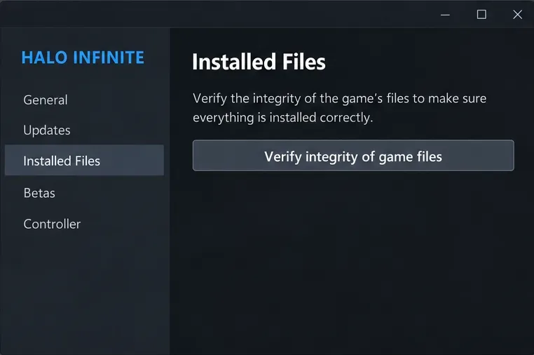 Illustrative Steam Halo Infinite Installed Files panel with the Verify integrity of game files button.