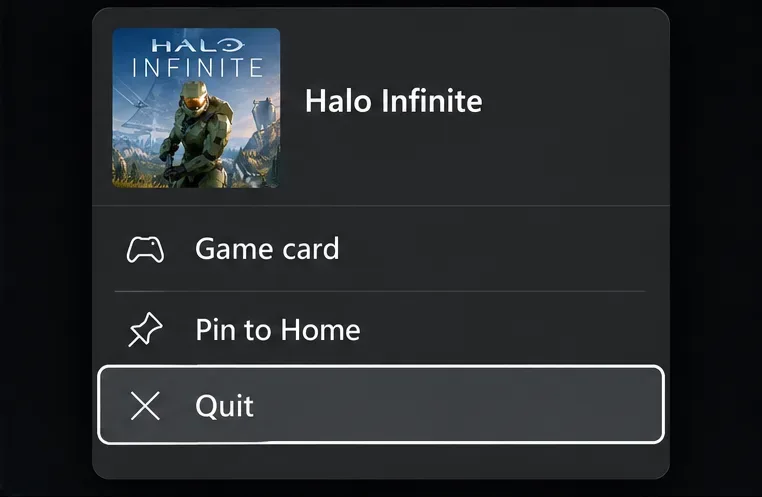 Illustrative Xbox Halo Infinite context menu with Quit selected.