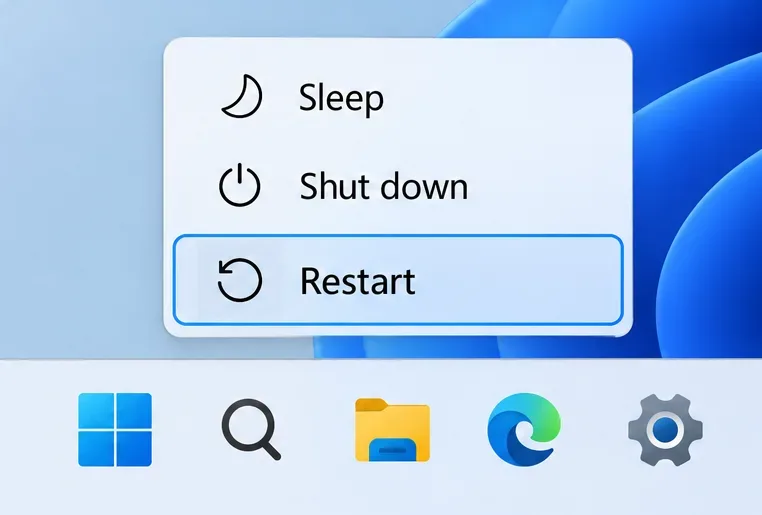 Illustrative Windows power menu showing Sleep, Shut down, and a highlighted Restart option.