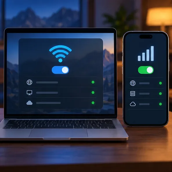 A laptop displays a Wi-Fi connection control beside a smartphone showing a cellular signal control.