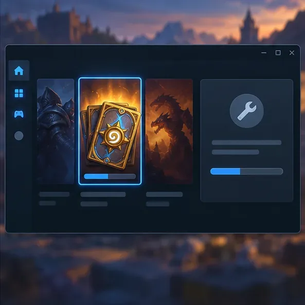 A generic desktop game launcher shows a selected card-game tile with a progress bar beside a repair panel.