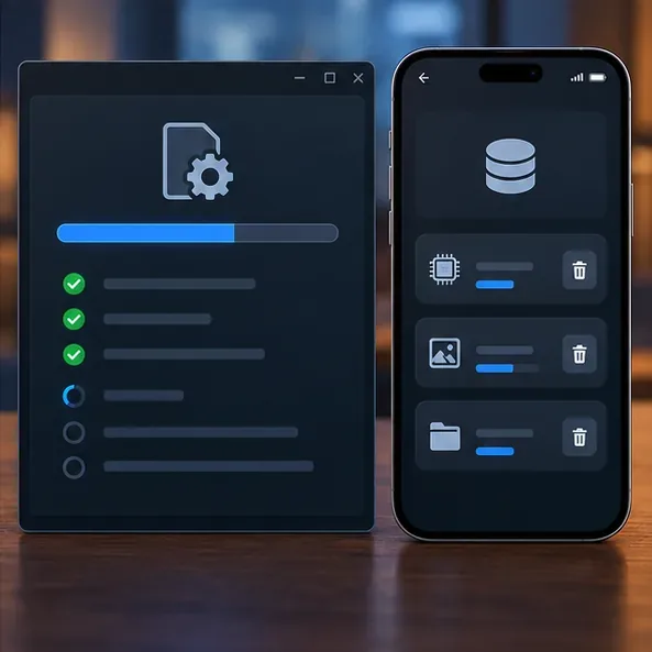 A desktop repair scan with progress checks appears beside a smartphone app-storage screen with cache and file controls.