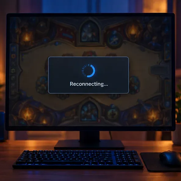 A desktop monitor shows a generic card-game board dimmed behind a centered “Reconnecting…” dialog and spinner.