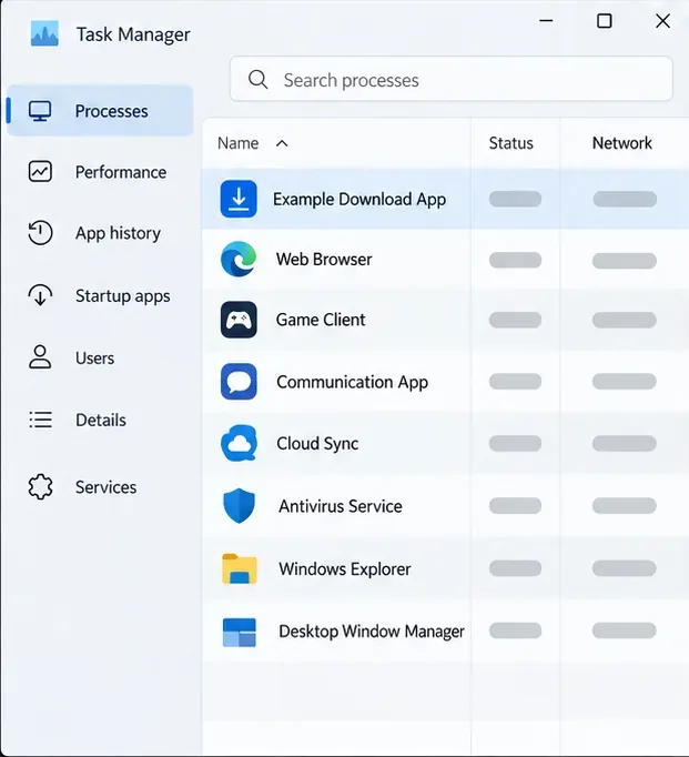 Algemene lijst met processen in Taakbeheer, met de kolom Netwerk en een gemarkeerd voorbeeld van een app die gedownload moet worden.