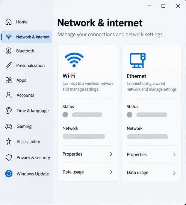 Een standaard Windows-netwerk- en internetpagina waarop aparte Wi-Fi- en Ethernet-verbindingskaarten worden weergegeven.