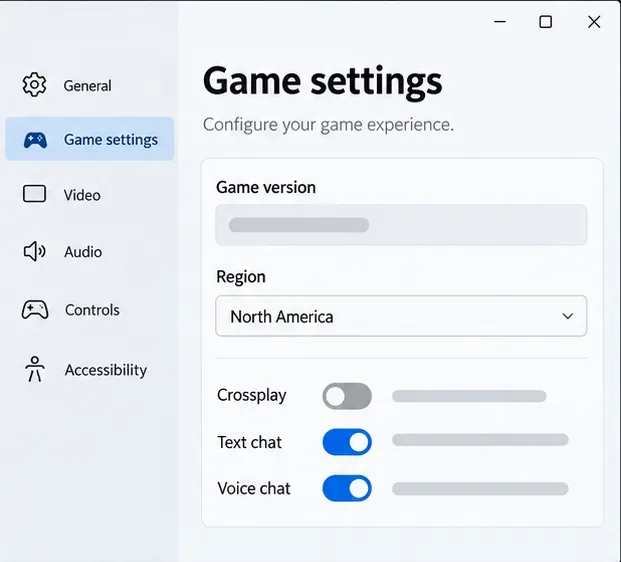 Algemeen instellingenpaneel voor multiplayergames met velden voor spelversie en regio Noord-Amerika.