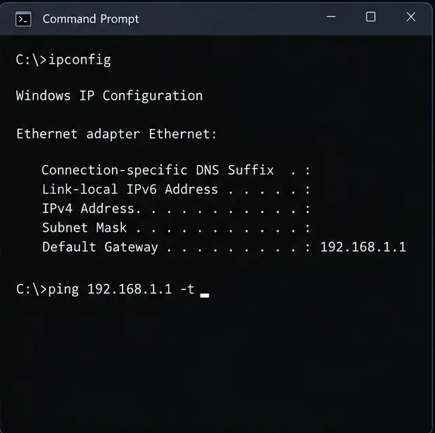 Een algemene Windows-opdrachtprompt met ipconfig, een voorbeeld van een privé-standaardgateway en een continue ping-opdracht.