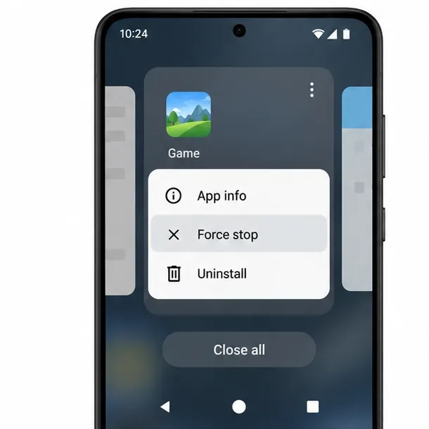 Generic Android recent-apps view with a game card and the Force stop control highlighted.