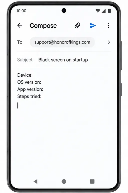 Email compose screen addressed to support@honorofkings.com with fields for device, OS version, app version, and troubleshooting tried.