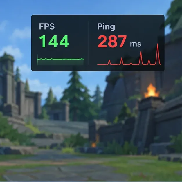 Imagem ilustrativa do jogo sobreposta com FPS estável em 144 e um gráfico de ping com um pico de 287 milissegundos.