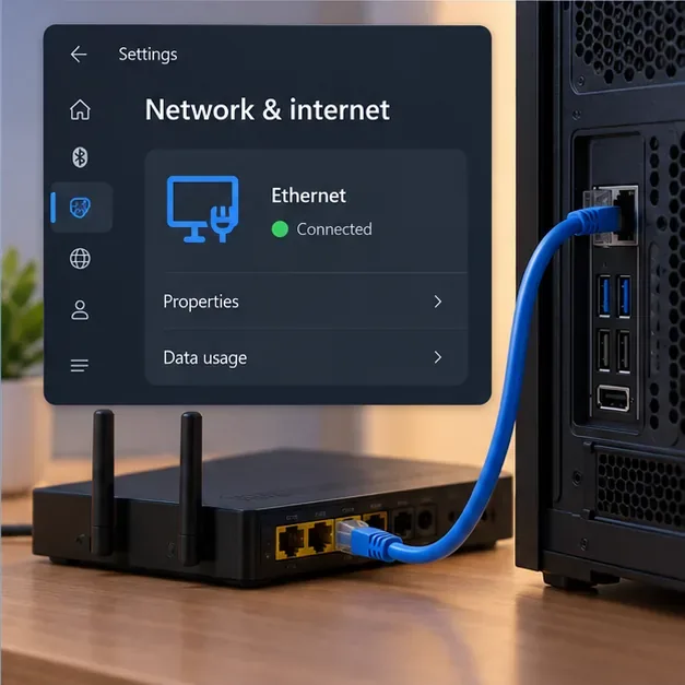 Configurações de rede do Windows mostrando a conexão Ethernet, com um cabo ligando um PC a um roteador.