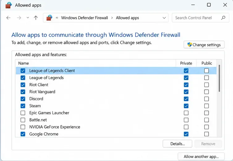 Illustratie van de door Windows Defender Firewall toegestane apps, met de vermeldingen League of Legends Client en League of Legends zichtbaar.