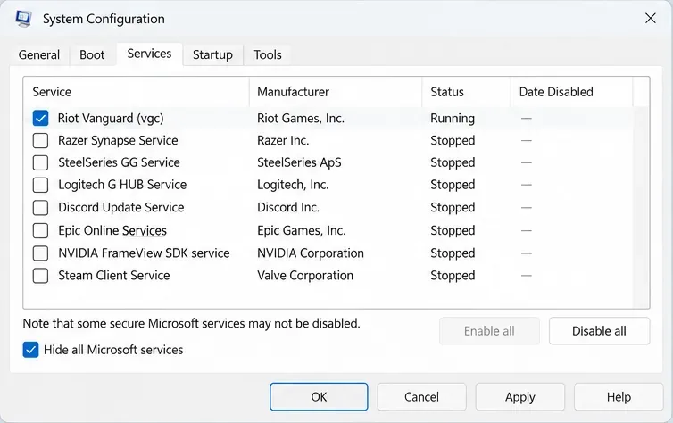 Illustratie van het tabblad 'Systeemconfiguratieservices' met de optie 'Alle Microsoft-services verbergen' aangevinkt en Riot Vanguard VGC ingeschakeld, terwijl optionele services van derden zijn uitgeschakeld.