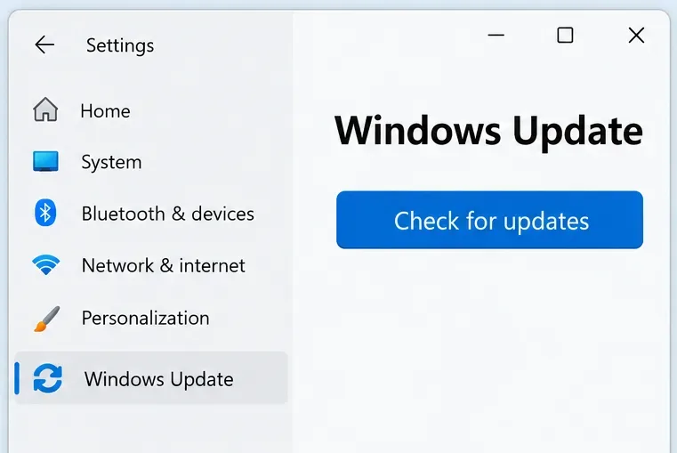 Vizualizare de referință Windows Update cu butonul Căutare actualizări vizibil.