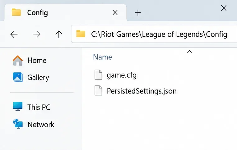 Exploratorul de fișiere afișează directorul de configurare League of Legends cu game.cfg și PersistedSettings.json.