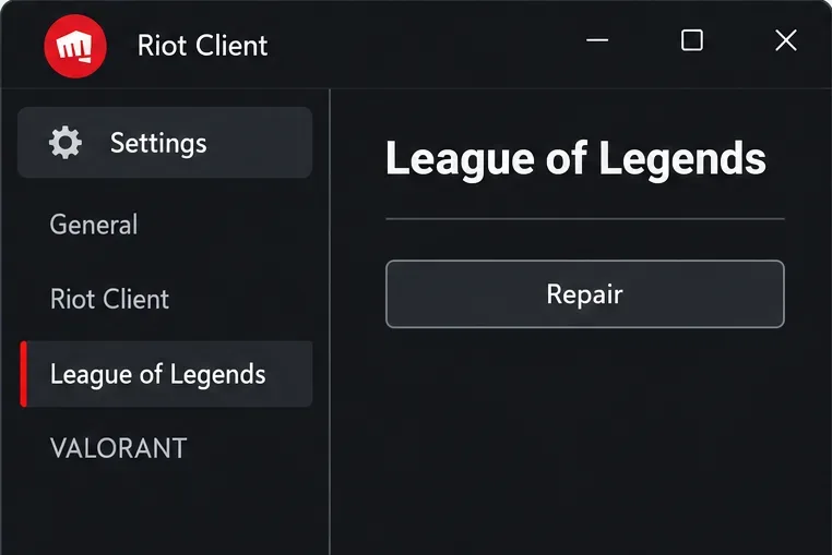 Vizualizare de referință a setărilor Riot Client cu League of Legends selectat și un buton Reparare.