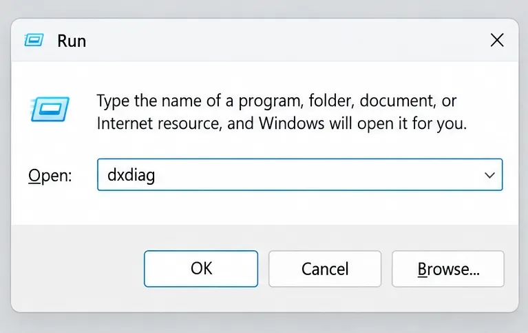 Caseta de dialog Executare Windows cu dxdiag introdus în câmpul Deschidere.