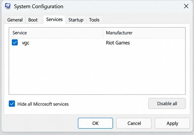 Fila Servicii de configurare sistem cu opțiunea Ascundeți toate serviciile Microsoft bifată și serviciul vgc bifat.