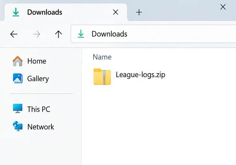 Vizualizarea Descărcări din File Explorer conține o arhivă ZIP numită League-logs.zip.