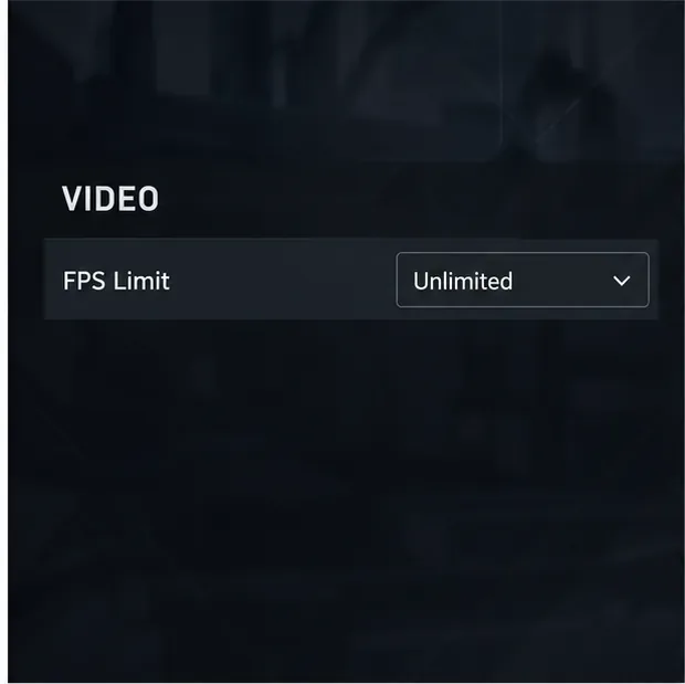Illustrative game Video settings row for FPS Limit with the temporary Unlimited test option selected.
