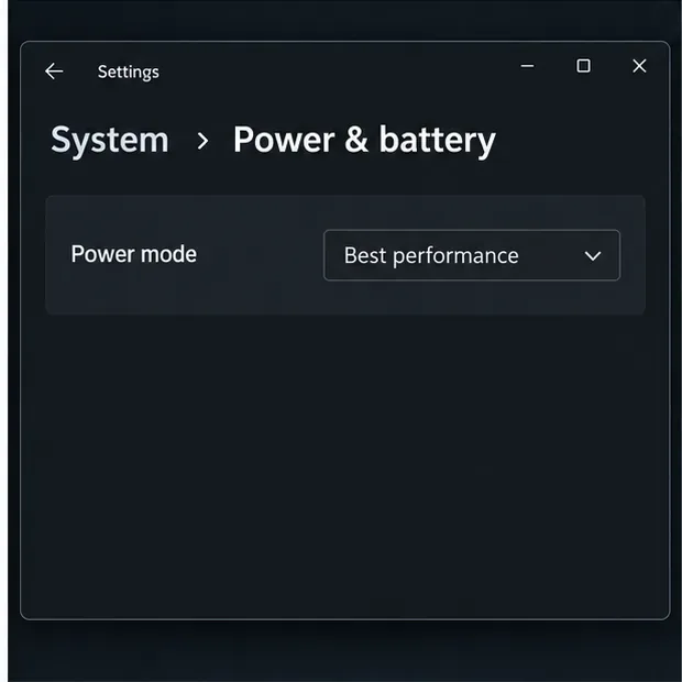 Windows 11 Power & battery settings with Power mode set to Best performance.