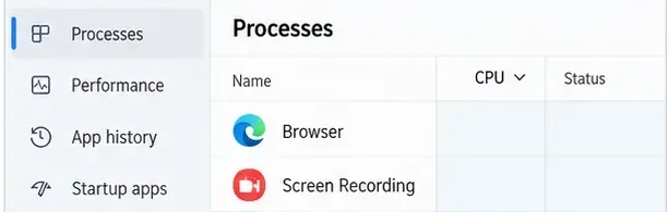 Windows Task Manager Processes view listing Browser and Screen Recording apps, with CPU sorting available.