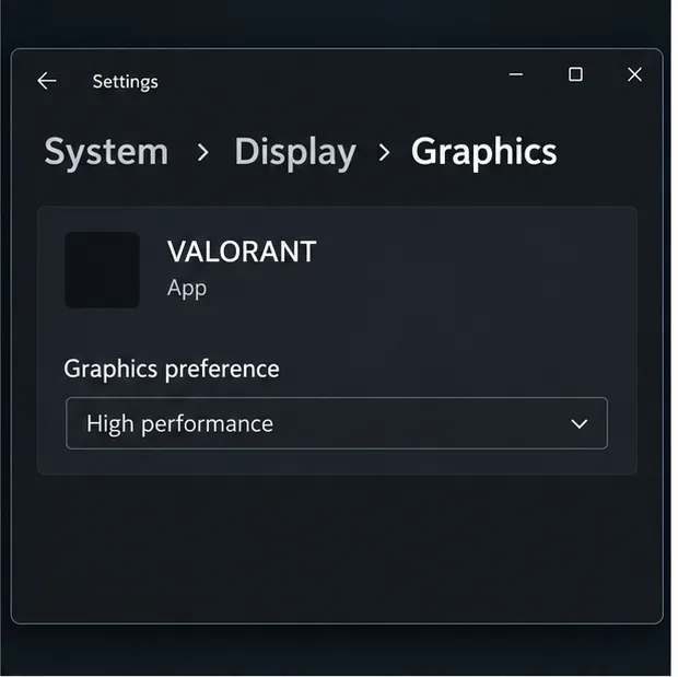 Windows 11 Graphics app options for VALORANT with Graphics preference set to High performance.