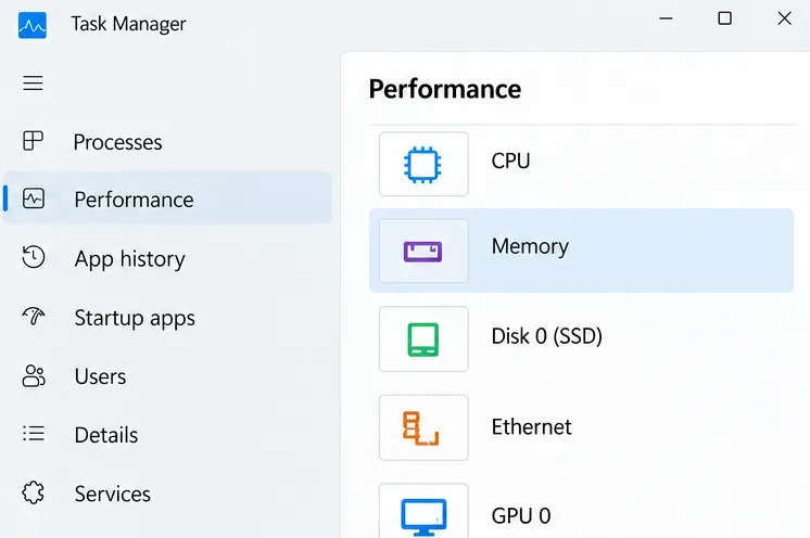 Navegação de desempenho do Gerenciador de Tarefas com a opção Memória selecionada e as entradas CPU, Disco 0 SSD, Ethernet e GPU visíveis.