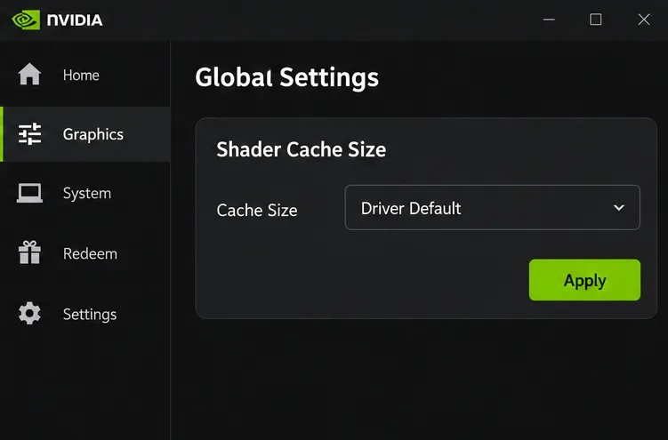 Configurações globais de gráficos do aplicativo NVIDIA com o tamanho do cache de sombreadores definido como padrão do driver e um botão Aplicar.