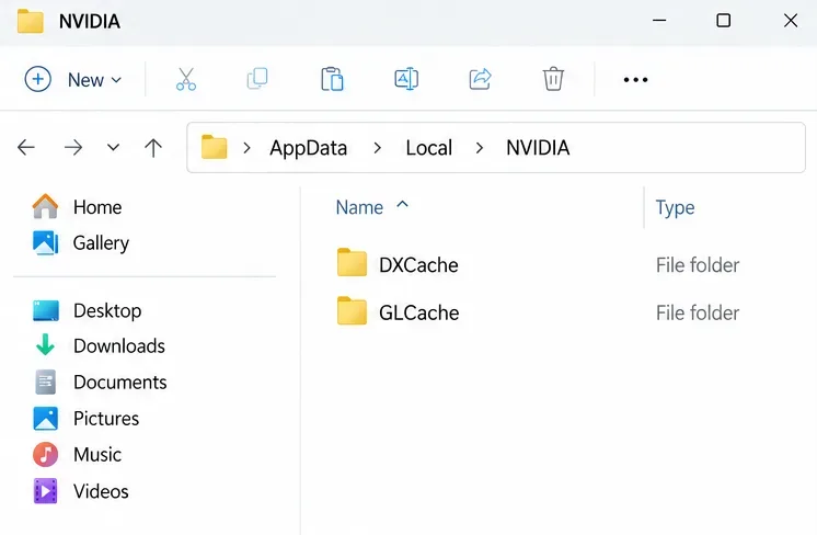 O Explorador de Arquivos do Windows, na pasta AppData Local NVIDIA, exibe as pastas DXCache e GLCache.