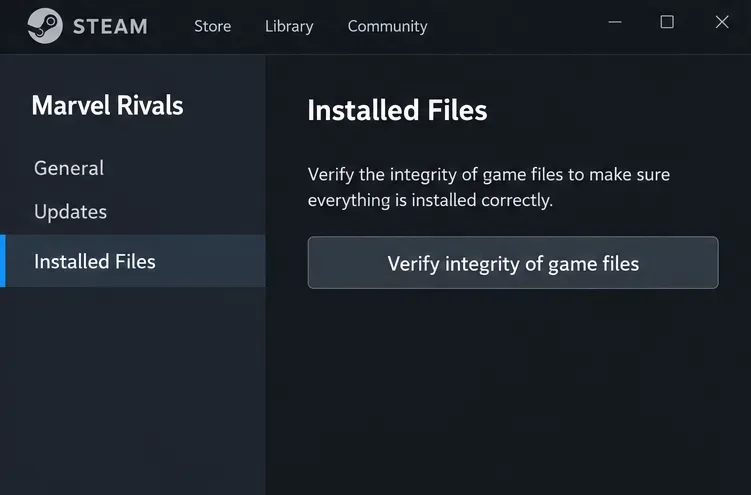 Visualização dos arquivos instalados do Steam para Marvel Rivals com um botão "Verificar integridade dos arquivos do jogo".