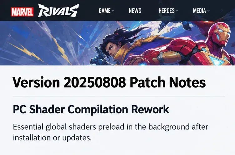 Ilustração das notas de atualização do Marvel Rivals com o título "Reformulação da Compilação de Shaders para PC" e texto de pré-carregamento em segundo plano.