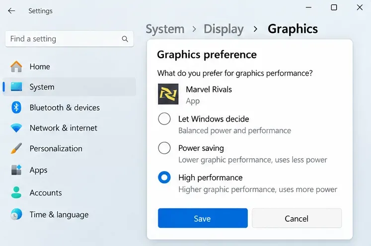 Diálogo de preferências gráficas do Windows para Marvel Rivals com a opção Alto desempenho selecionada e um botão Salvar.