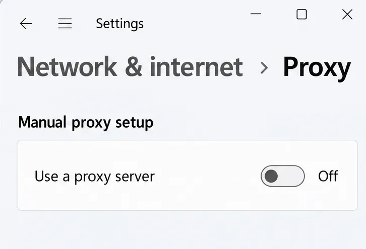 Illustration de l'interface : les paramètres de proxy Windows indiquent que l'option « Utiliser un serveur proxy » est désactivée, ce qui est pertinent pour la section distincte de dépannage de la connexion.