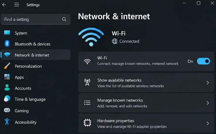 Illustration de l'interface : les paramètres Wi-Fi de Windows affichent le commutateur Wi-Fi, les réseaux disponibles et les commandes de réseau connu pour vérifier la connectivité sans fil.