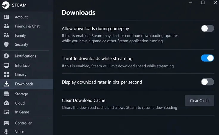 Illustration de l'interface : les paramètres de téléchargement de Steam indiquent que l'option « Autoriser les téléchargements pendant le jeu » est désactivée afin de réduire les transferts concurrents.