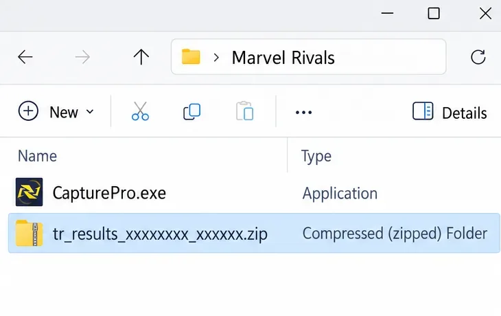 Illustration de l'interface : l'explorateur de fichiers affiche CapturePro.exe et une archive ZIP sélectionnée avec le modèle de nom de fichier tr_results documenté pour la prise en charge.